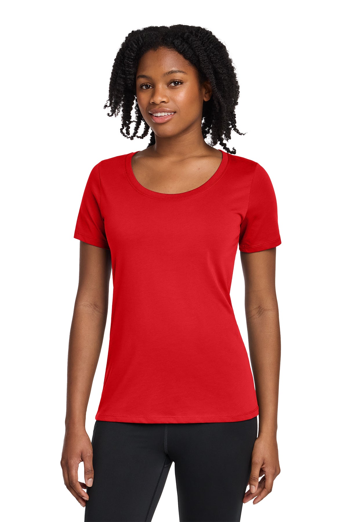 Nike Women's Dri-FIT Cotton/Poly Scoop Neck Tee in University Red, style NKBQ5234