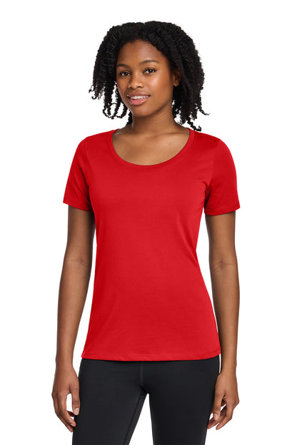 Nike Women's Dri-FIT Cotton/Poly Scoop Neck Tee in University Red, style NKBQ5234