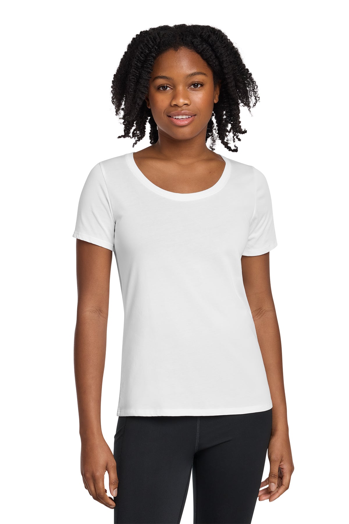 Nike Women's Dri-FIT Cotton/Poly Scoop Neck Tee in White, style NKBQ5234