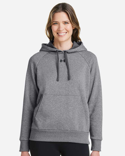 Under Armour Women's Rival Fleece Hooded Sweatshirt in Castlerock Grey Light Heather/ Black, style 1379500