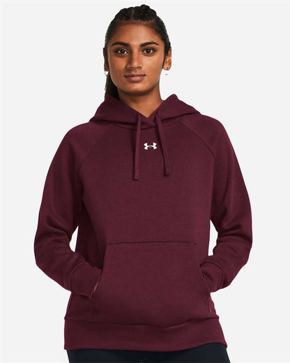 Under Armour Women's Rival Fleece Hooded Sweatshirt in Maroon/ White, style 1379500