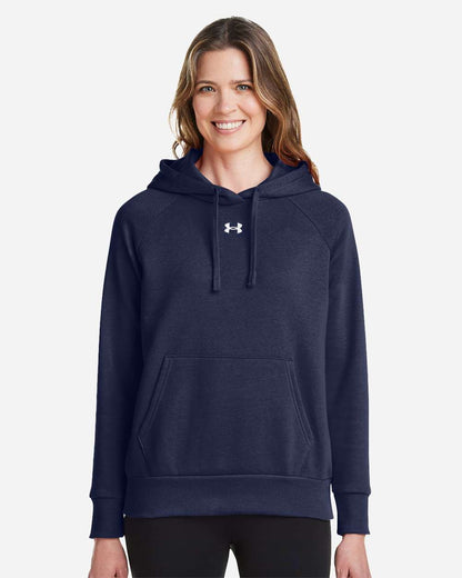 Under Armour Women's Rival Fleece Hooded Sweatshirt in Midnight Navy/ White, style 1379500