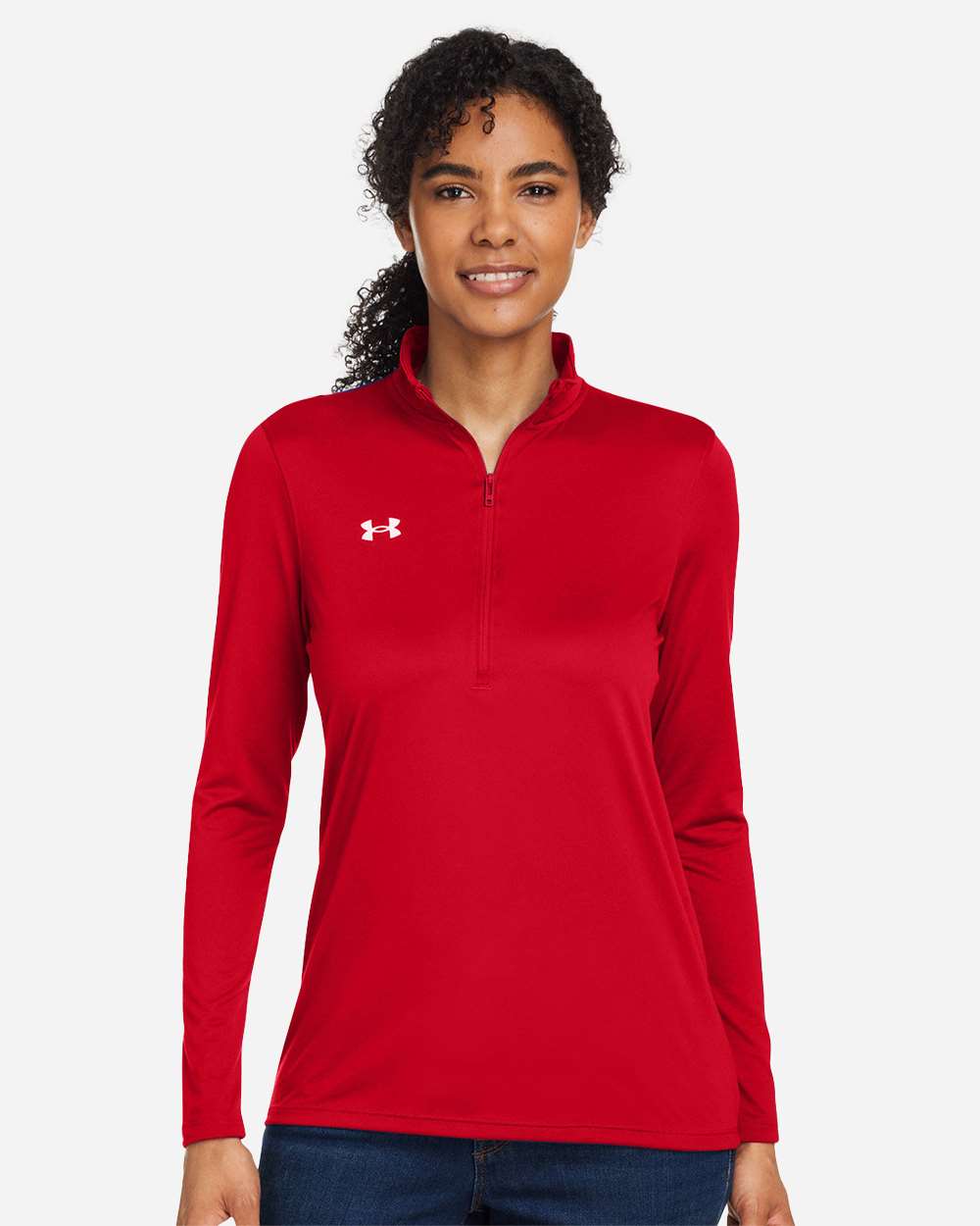 Under Armour Women's Team Tech Half-Zip Pullover in Red/ White, style 1376862