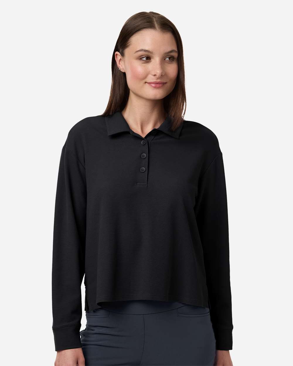 adidas Women's Beyond Long Sleeve Loose Polo in Black, style A1008