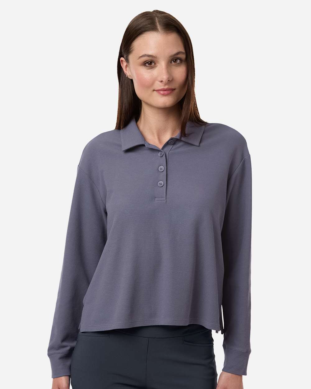 adidas Women's Beyond Long Sleeve Loose Polo in Preloved Violet, style A1008