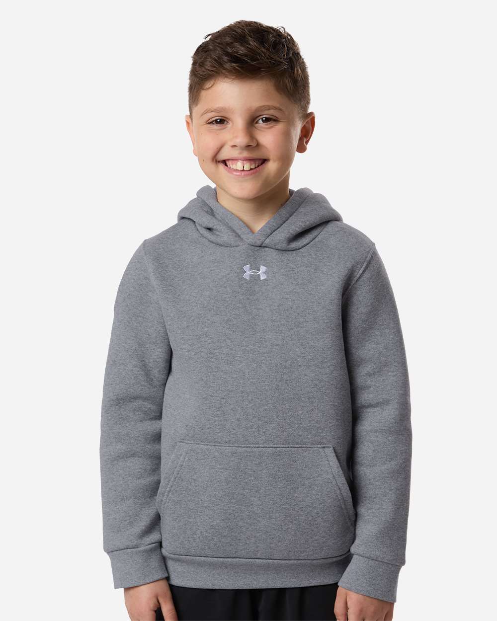 Under Armour Youth Team Icon Fleece Hooded Sweatshirt in Pitch Grey Medium Heather/ White, style 6014162