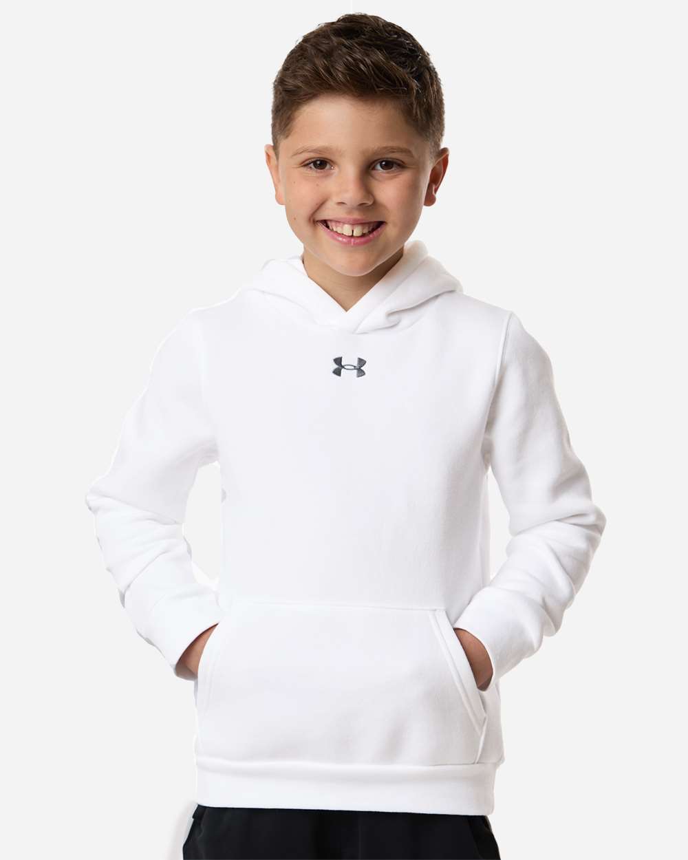 Under Armour Youth Team Icon Fleece Hooded Sweatshirt in White/ Pitch Grey Medium Heather, style 6014162