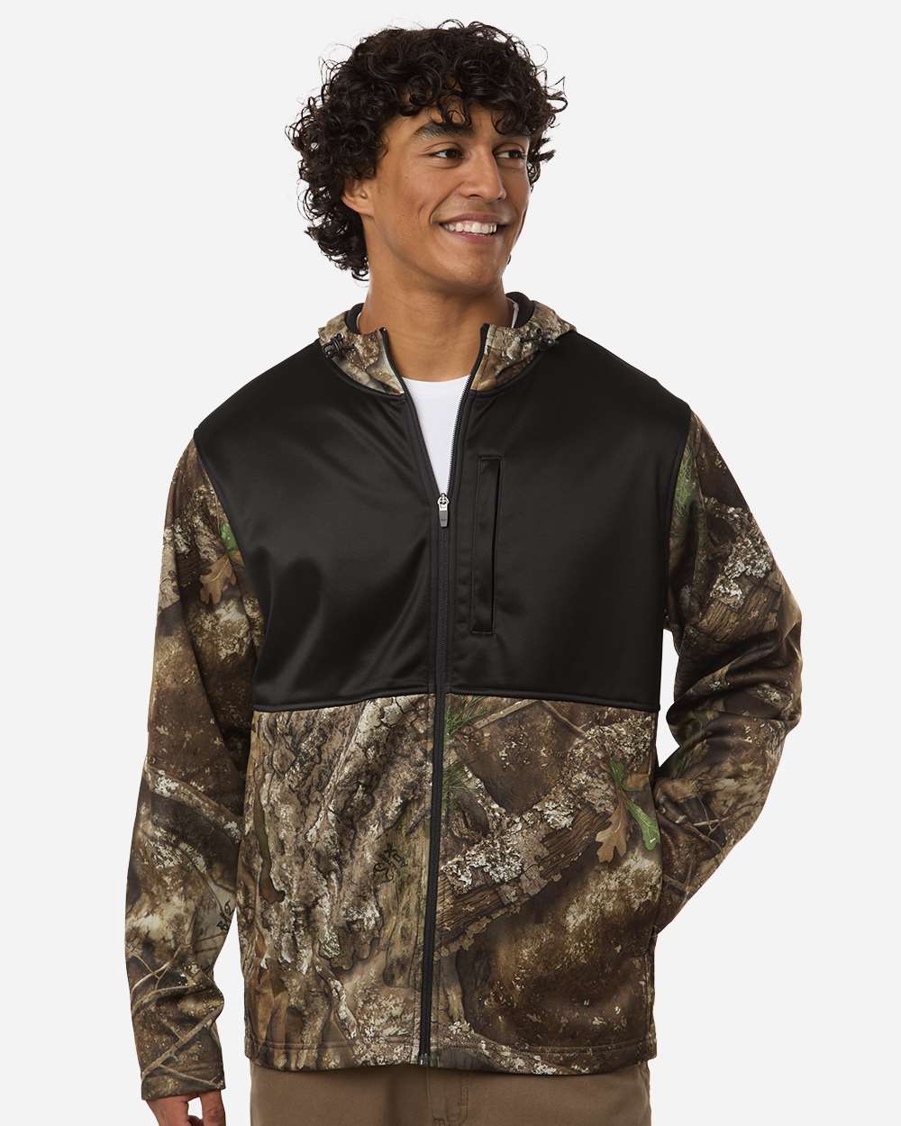 Realtree Unisex Realtree Performance Colorblocked Full-Zip Hooded Sweatshirt in Camo/ Black, style RT5204