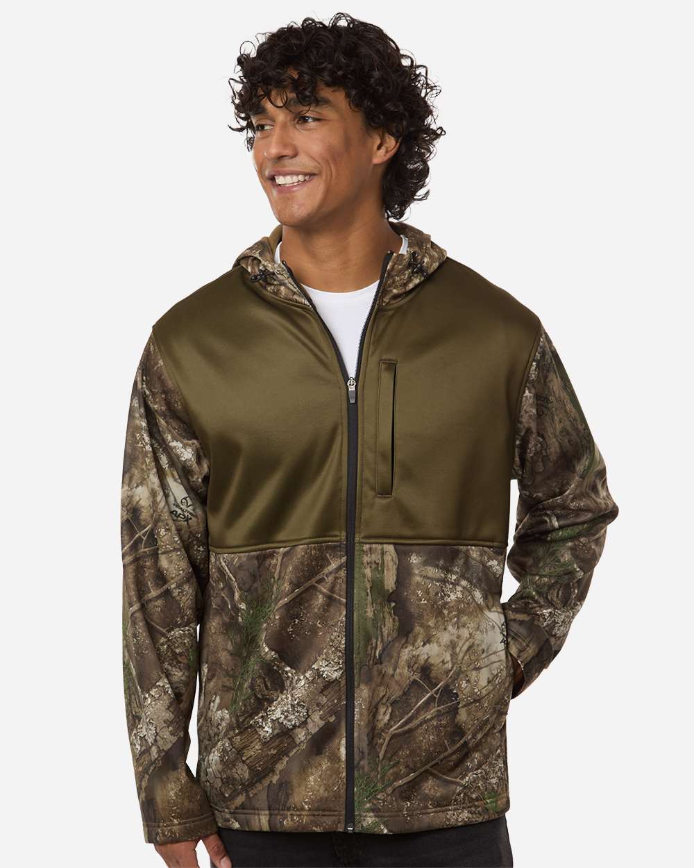 Realtree Unisex Realtree Performance Colorblocked Full-Zip Hooded Sweatshirt in Camo/ Green, style RT5204