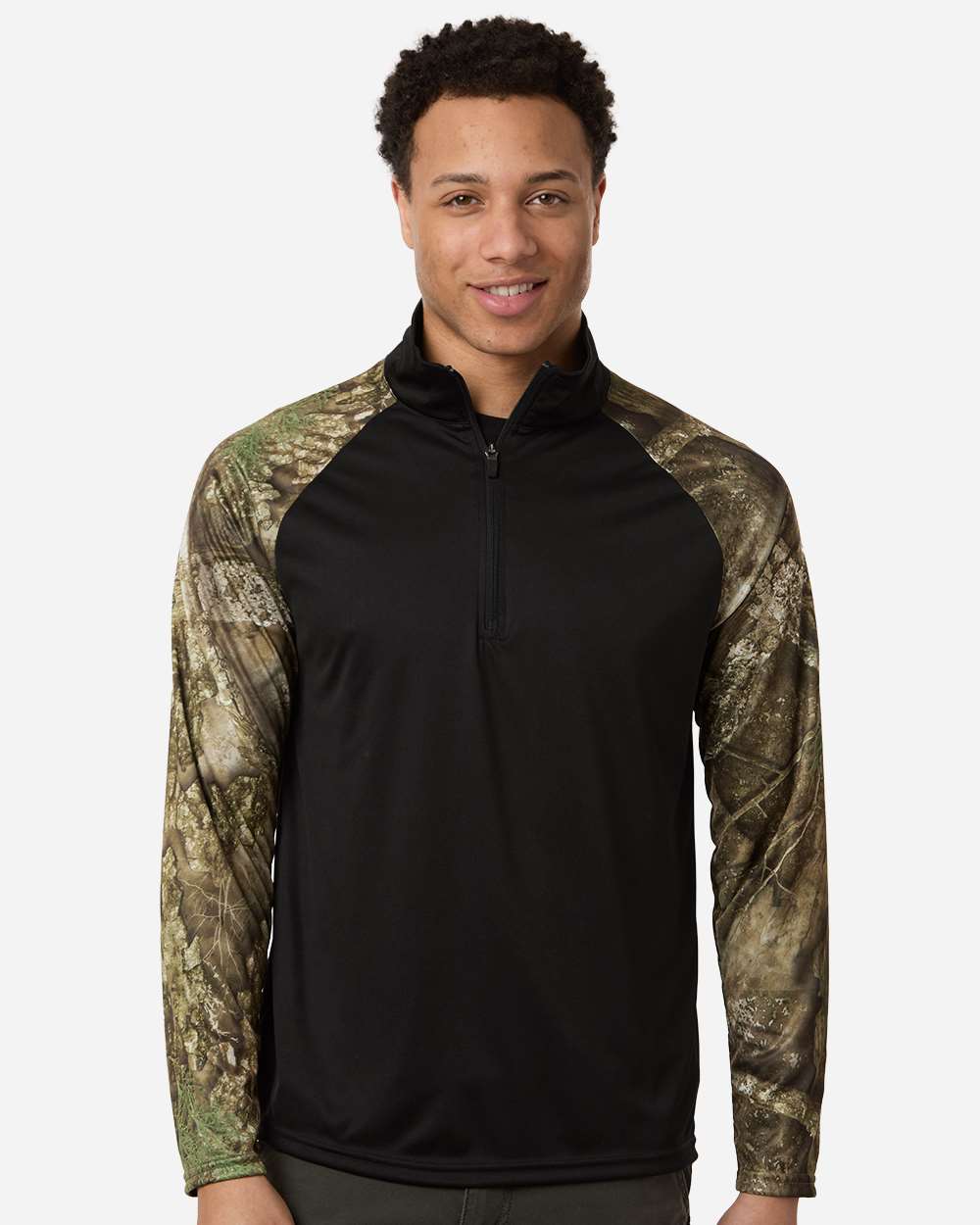 Realtree Unisex Realtree Performance Colorblocked Quarter-Zip Pullover in Camo/ Black, style RT5703
