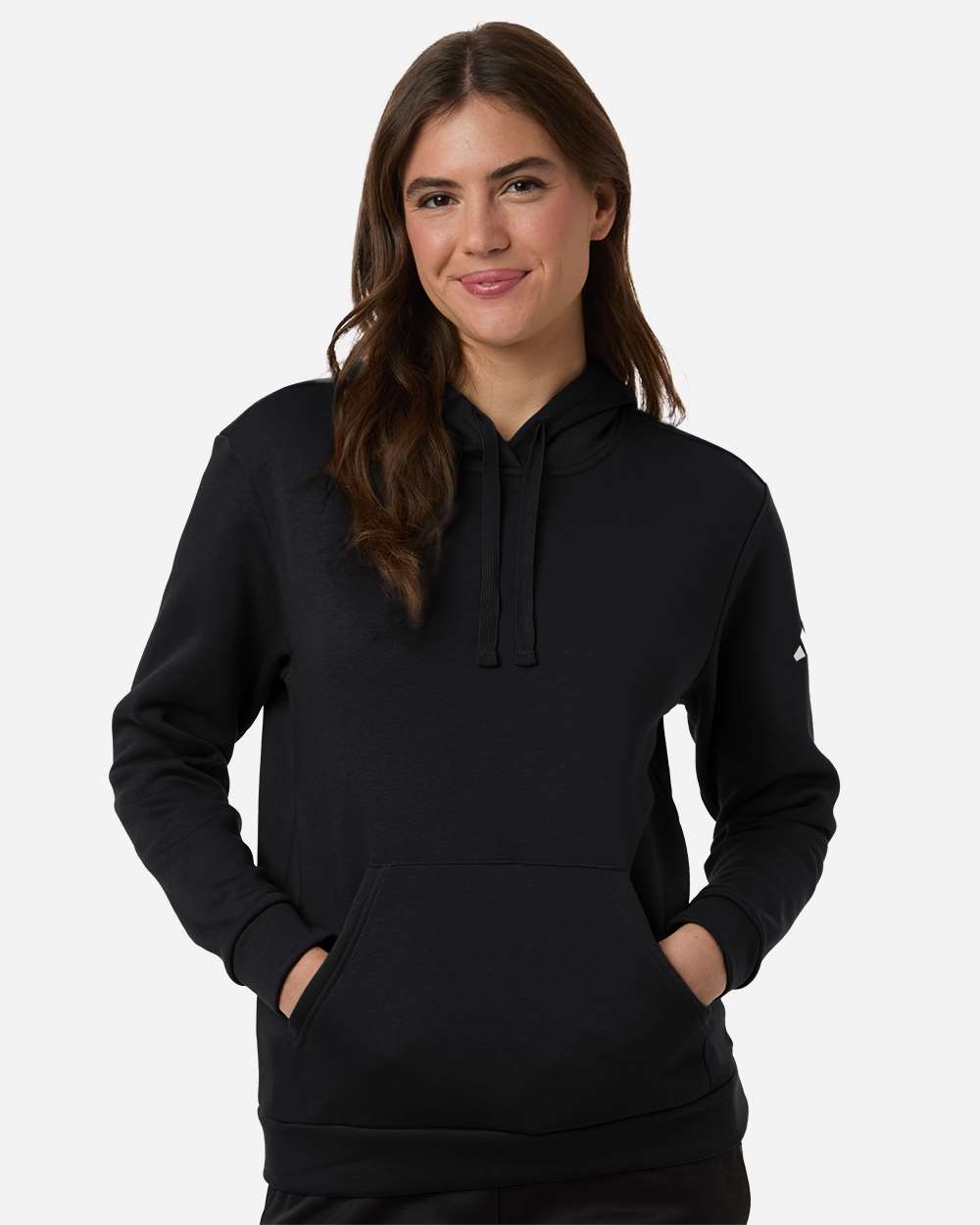 adidas Women's Fleece Hooded Sweatshirt in Black/ White, style AT204