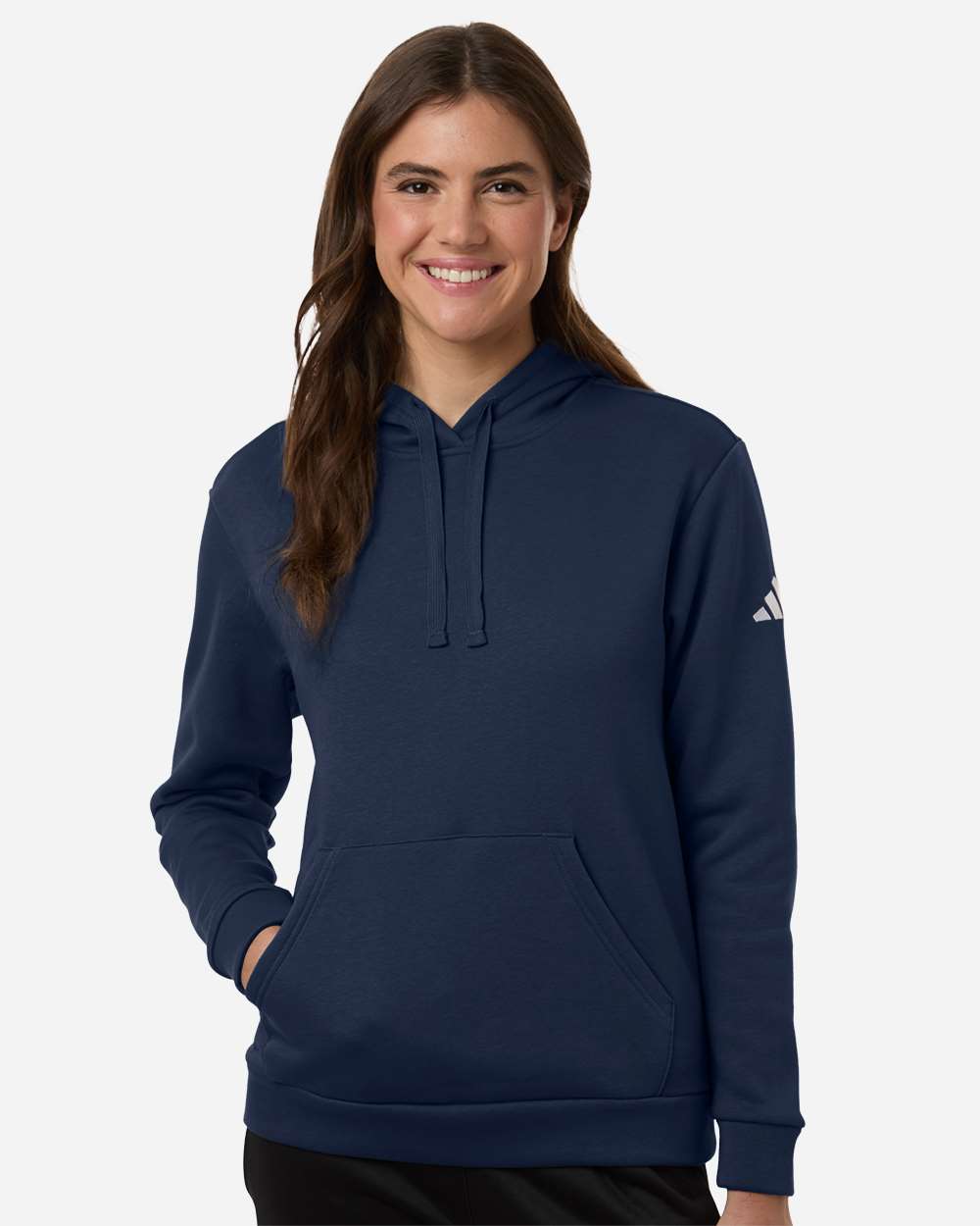 adidas Women's Fleece Hooded Sweatshirt in Team Navy Blue/ White, style AT204