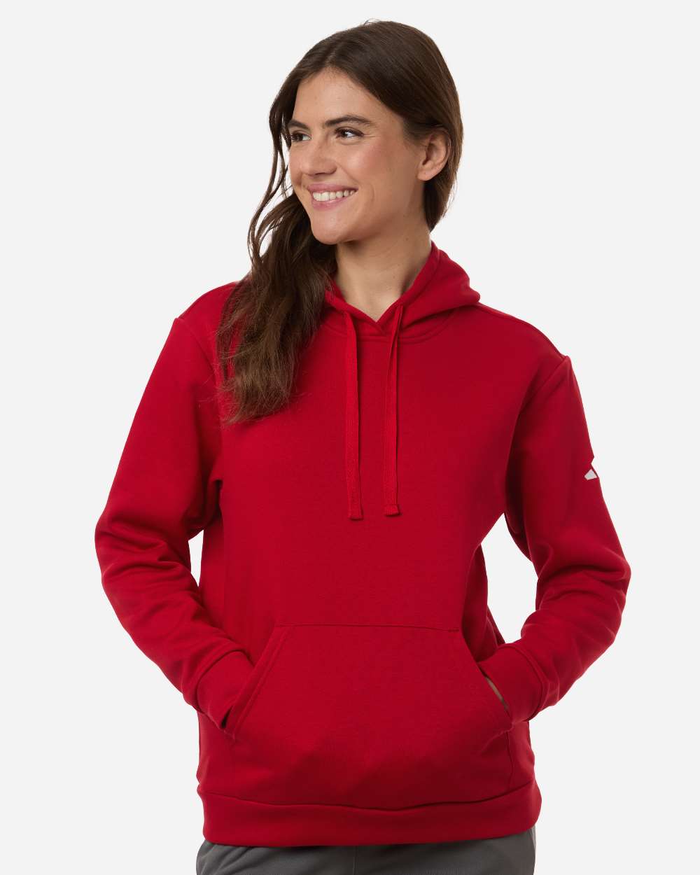 adidas Women's Fleece Hooded Sweatshirt in Team Power Red/ White, style AT204