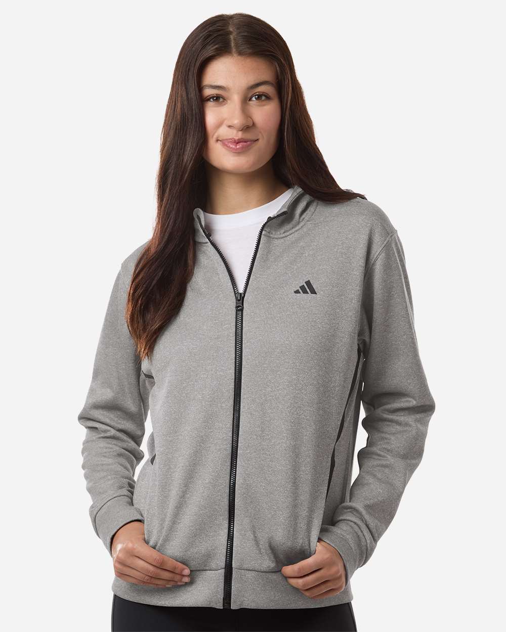 adidas Women's Game & Go Fleece Full-Zip Hooded Sweatshirt in Medium Grey Heather/ Black, style AT209