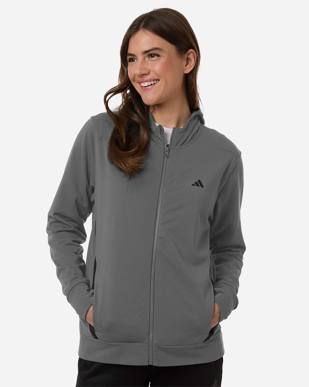 adidas Women's Game & Go Fleece Full-Zip Hooded Sweatshirt in Team Grey Four/ Black, style AT209