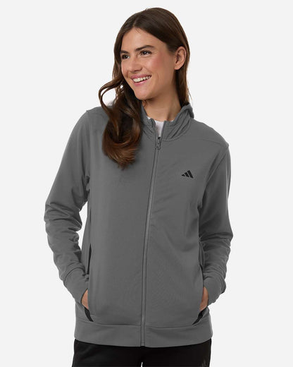 adidas Women's Game & Go Fleece Full-Zip Hooded Sweatshirt in Team Grey Four/ Black, style AT209
