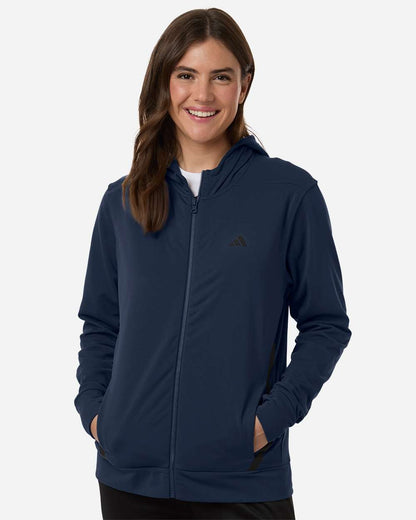 adidas Women's Game & Go Fleece Full-Zip Hooded Sweatshirt in Team Navy Blue/ Black, style AT209