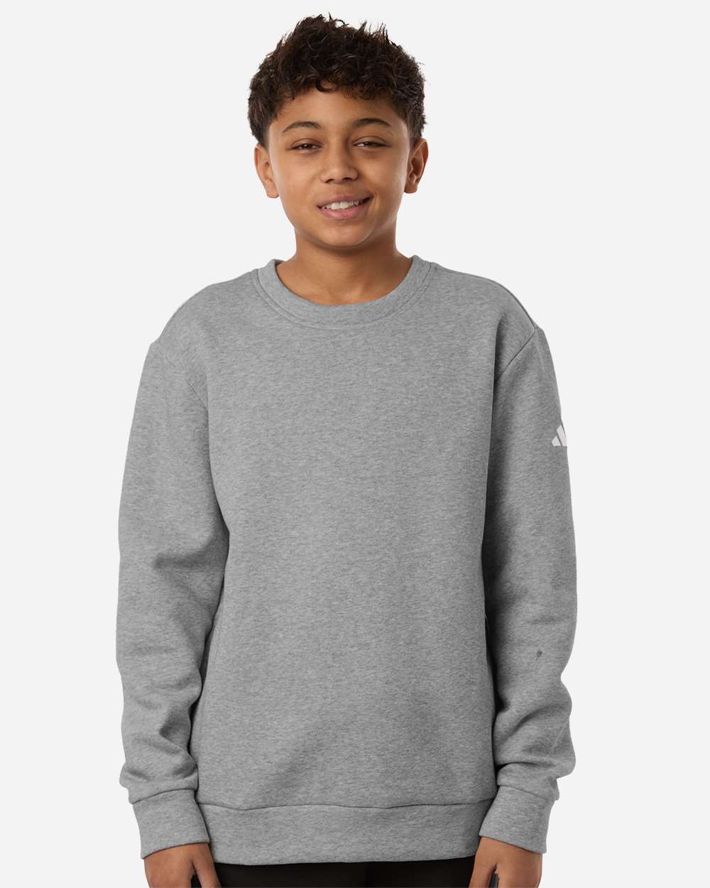 adidas Youth Fleece Crewneck Sweatshirt in Medium Grey Heather/ White, style AT202