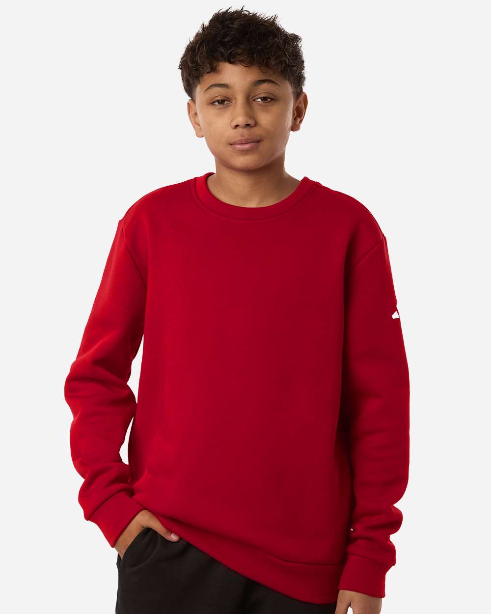 adidas Youth Fleece Crewneck Sweatshirt in Team Power Red/ White, style AT202