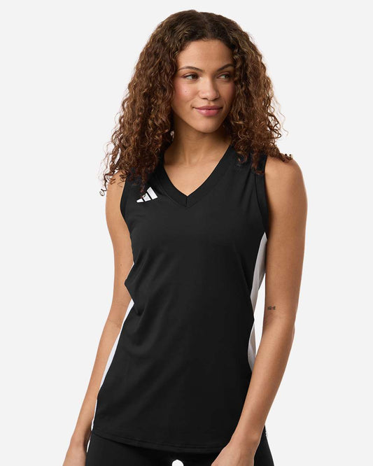 adidas Women's Quickset V-Neck Sleeveless Jersey in Black/ White, style AT120