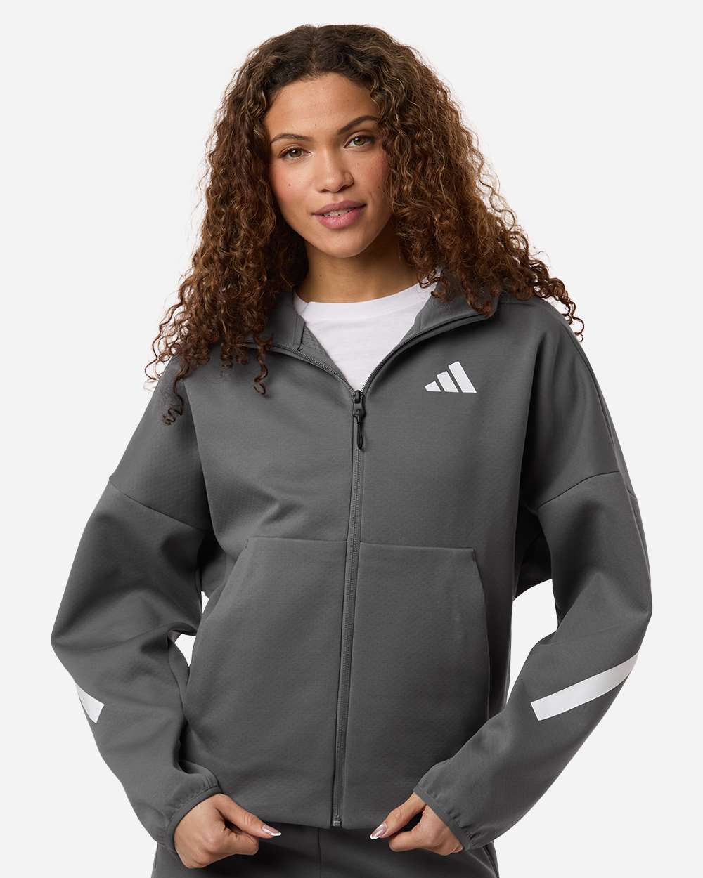 adidas Women's Z.N.E Full-Zip Hooded Sweatshirt in Team Grey Four/ White, style AT221