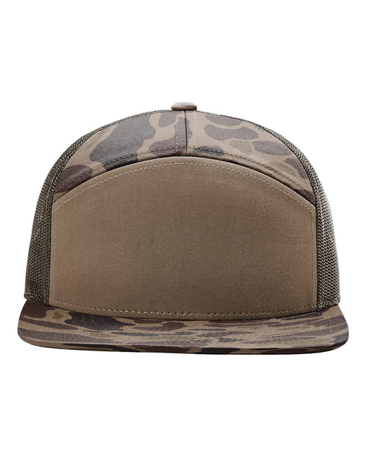 Richardson Printed Seven-Panel Trucker Cap blank in Bark Duck Camo/ Brown, style 168P