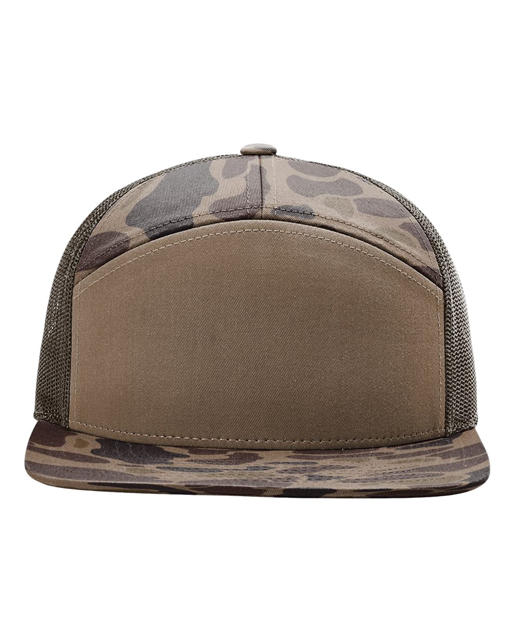 Richardson Printed Seven-Panel Trucker Cap blank in Bark Duck Camo/ Brown, style 168P