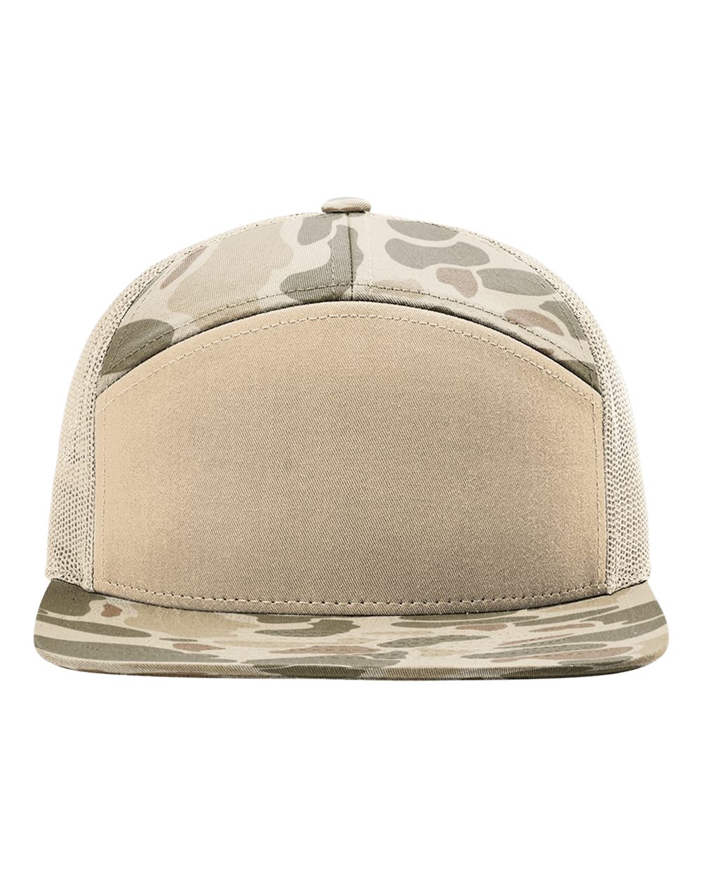Richardson Printed Seven-Panel Trucker Cap blank in Harvest Duck Camo/ Sandstone, style 168P