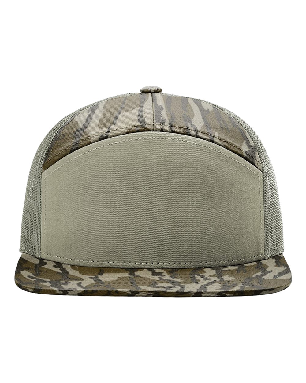 Richardson Printed Seven-Panel Trucker Cap blank in Mossy Oak Bottomland/ Loden Green, style 168P