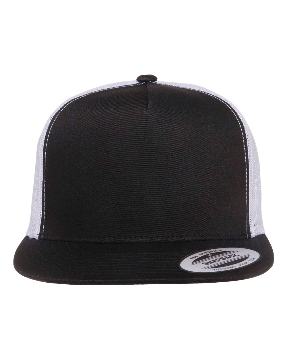 YP Classics 6006 Five-Panel Flat Bill Trucker Cap in Black/White