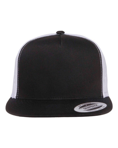 YP Classics 6006 Five-Panel Flat Bill Trucker Cap in Black/White