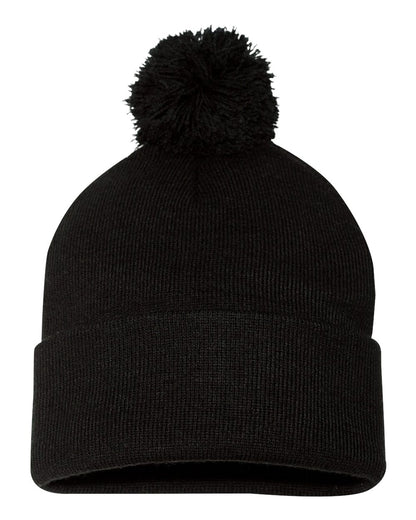 Sportsman 12" Pom-Pom Cuffed Beanie blank in Black, style SP15