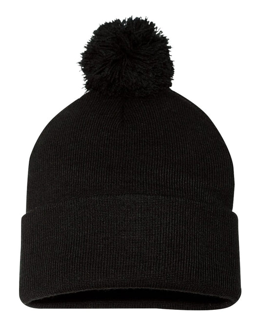 Sportsman 12" Pom-Pom Cuffed Beanie blank in Black, style SP15