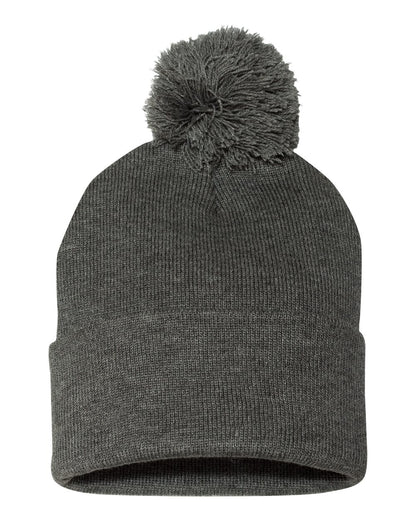 Sportsman 12" Pom-Pom Cuffed Beanie blank in Dark Heather Grey, style SP15