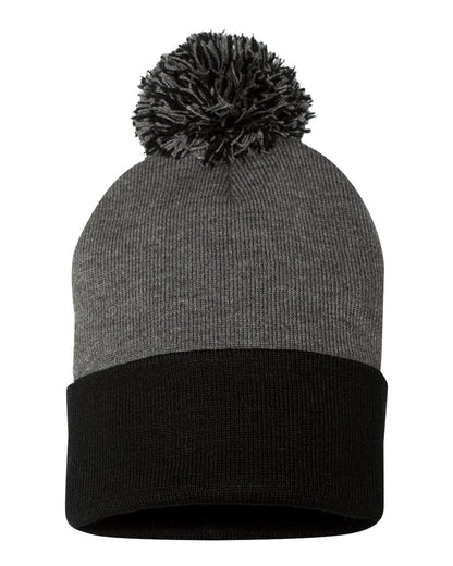 Sportsman 12" Pom-Pom Cuffed Beanie blank in Dark Heather Grey/ Black, style SP15