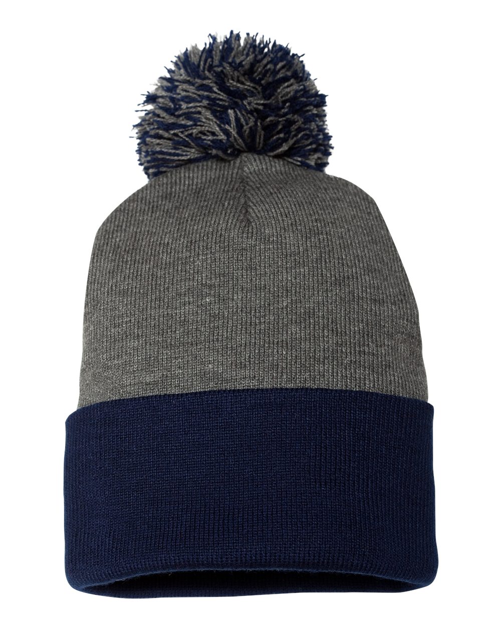 Sportsman 12" Pom-Pom Cuffed Beanie blank in Dark Heather Grey/ Navy, style SP15