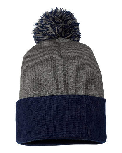 Sportsman 12" Pom-Pom Cuffed Beanie blank in Dark Heather Grey/ Navy, style SP15