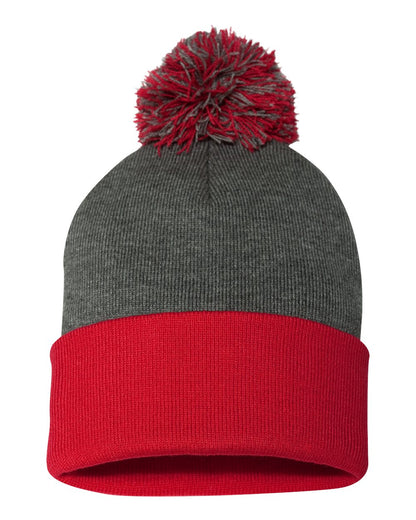 Sportsman 12" Pom-Pom Cuffed Beanie blank in Dark Heather Grey/ Red, style SP15