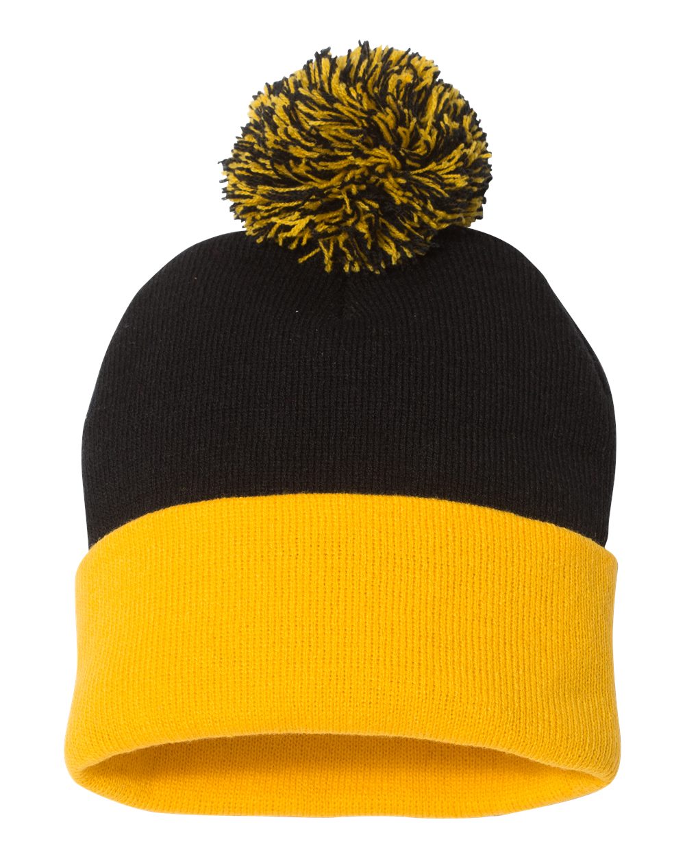 Sportsman 12" Pom-Pom Cuffed Beanie blank in Black/ Gold, style SP15