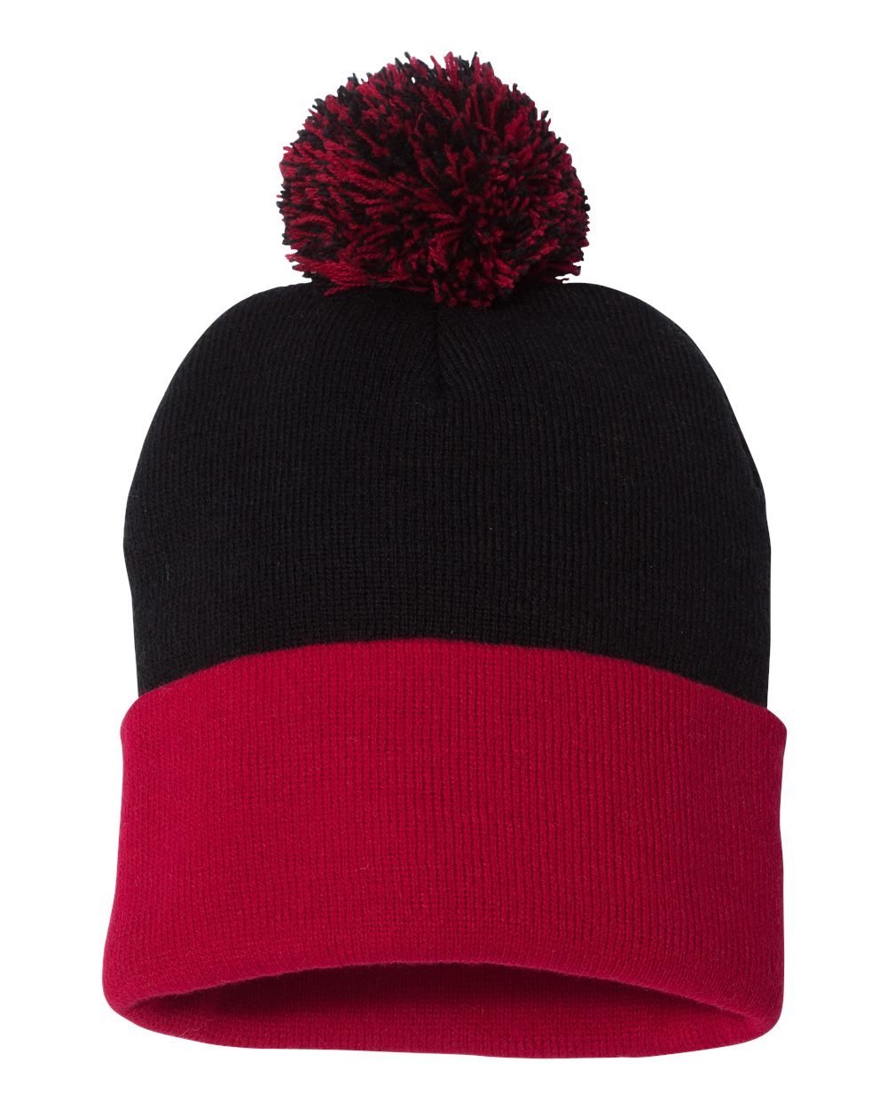 Sportsman 12" Pom-Pom Cuffed Beanie blank in Black/ Red, style SP15