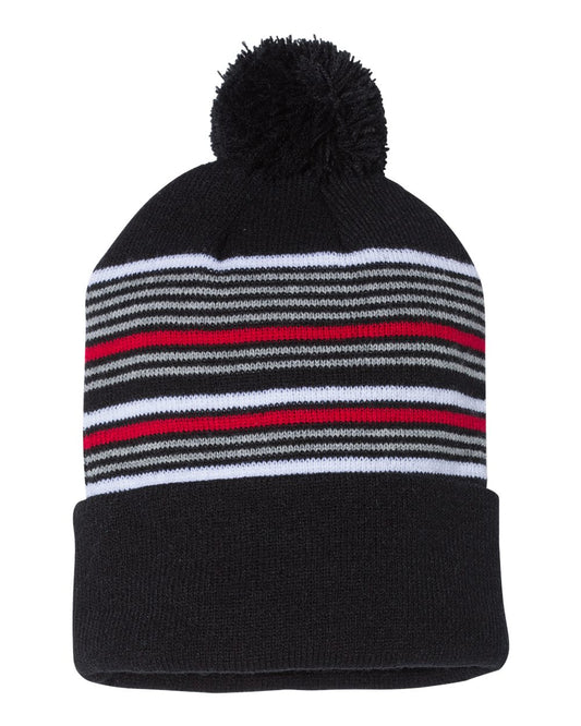 Sportsman SP60 12" Striped Pom-Pom Cuffed Beanie in Black/White/Grey/Red