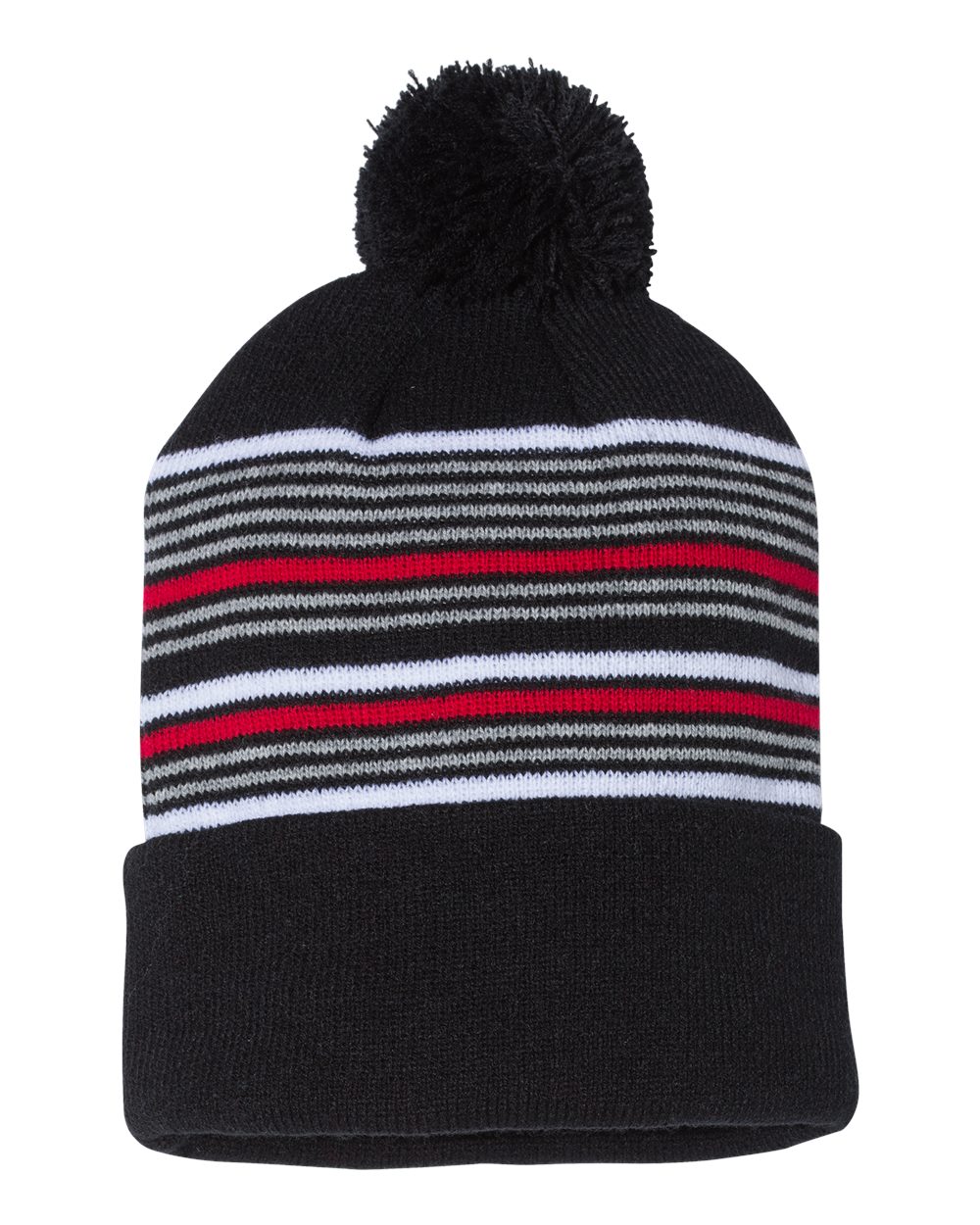 Sportsman SP60 12" Striped Pom-Pom Cuffed Beanie in Black/White/Grey/Red