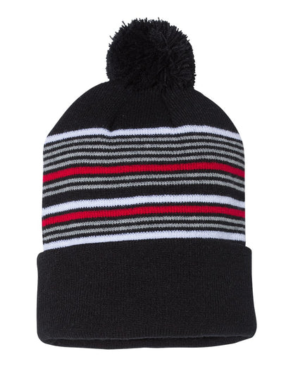 Sportsman SP60 12" Striped Pom-Pom Cuffed Beanie in Black/White/Grey/Red