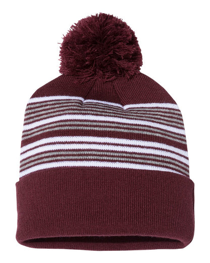 Sportsman SP60 12" Striped Pom-Pom Cuffed Beanie in Maroon/White/Grey