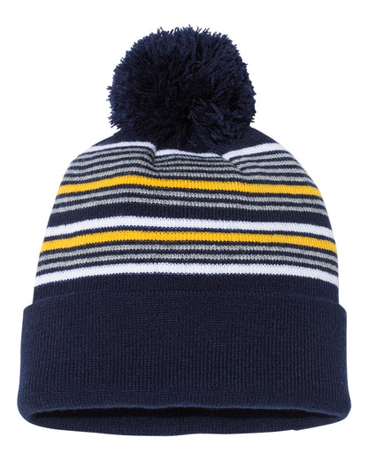 Sportsman SP60 12" Striped Pom-Pom Cuffed Beanie in Navy/White/Grey/Gold