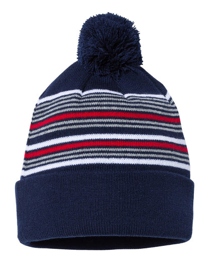 Sportsman SP60 12" Striped Pom-Pom Cuffed Beanie in Navy/White/Grey/Red