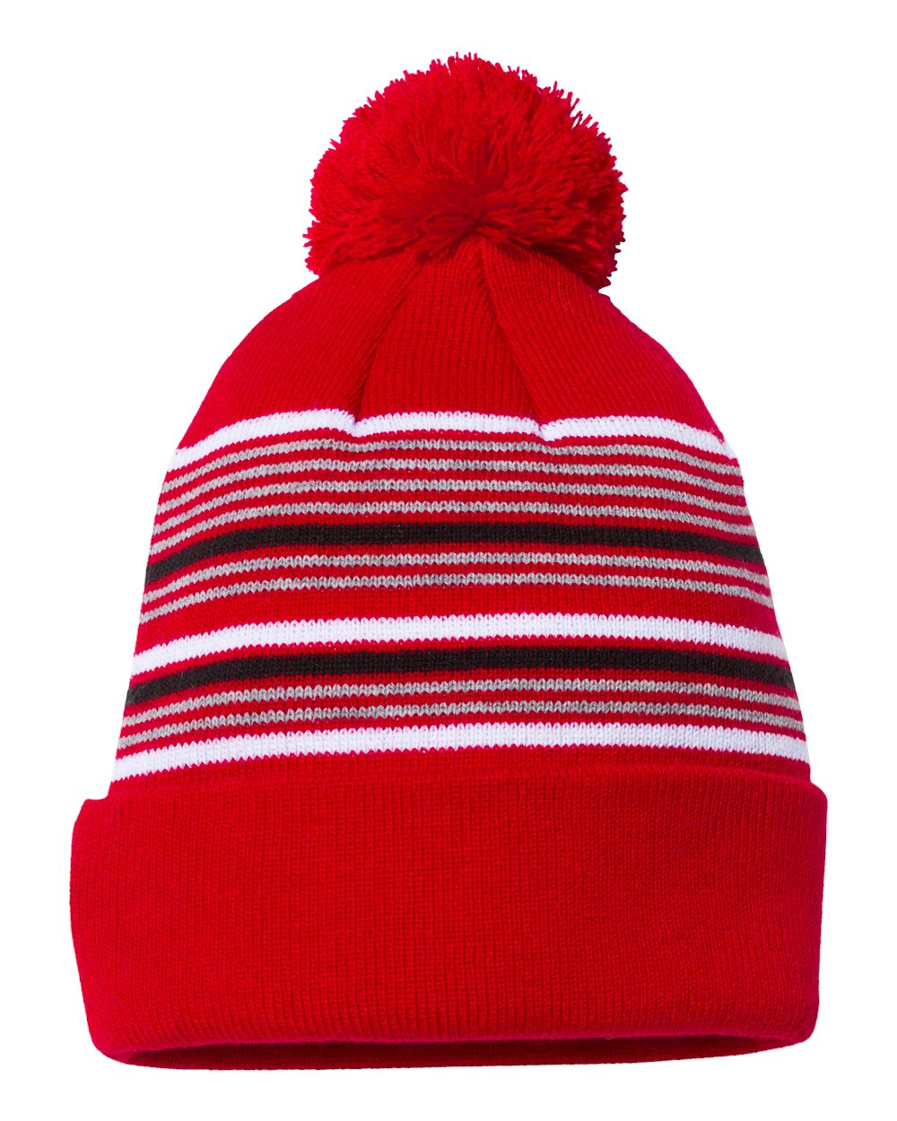 Sportsman SP60 12" Striped Pom-Pom Cuffed Beanie in Red/White/Grey/Black