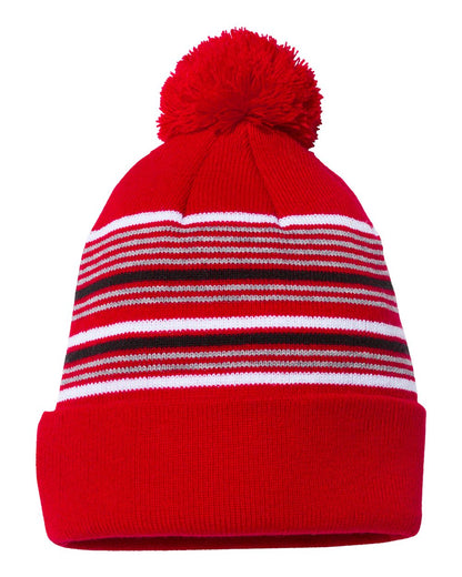 Sportsman SP60 12" Striped Pom-Pom Cuffed Beanie in Red/White/Grey/Black