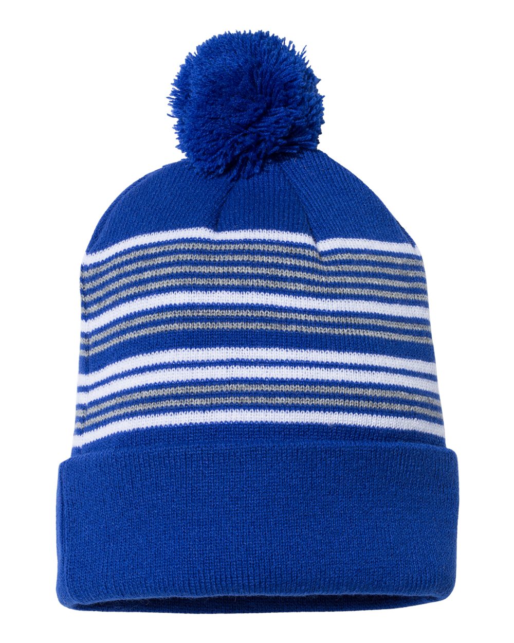 Sportsman SP60 12" Striped Pom-Pom Cuffed Beanie in Royal/White/Grey