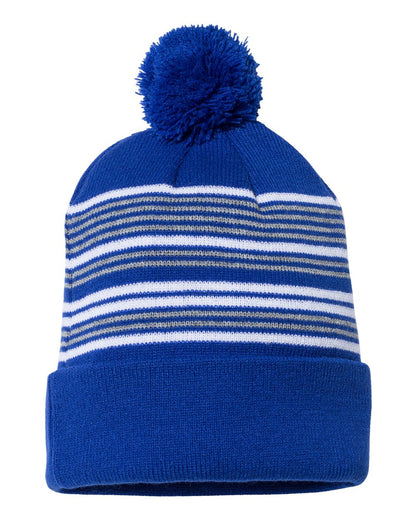 Sportsman SP60 12" Striped Pom-Pom Cuffed Beanie in Royal/White/Grey